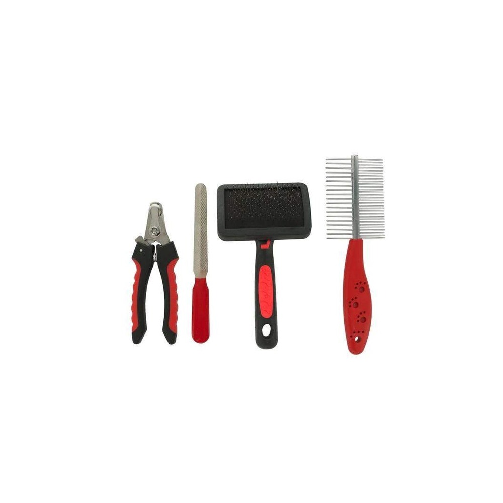 Pet Grooming Kit 4 Piece Set Dog Cat Slicker Brush Nail Clippers Comb File Red